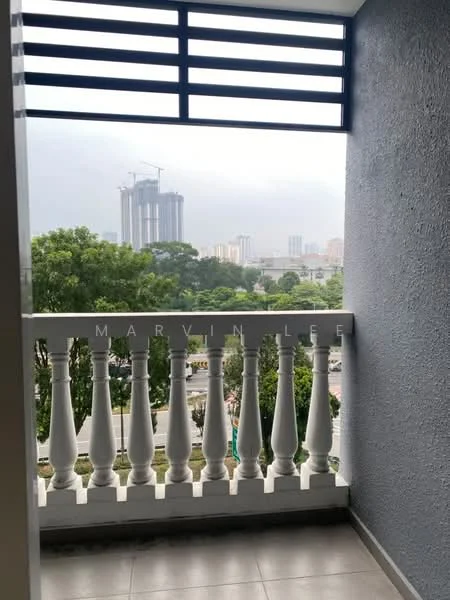 Room features: balcony with white balustrade, grey painted walls, floor-to-ceiling windows, city skyline view, tiled flooring; view: city.