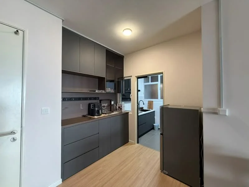 Kitchen features: grey cabinetry, laminate countertop, built-in oven, stainless-steel fridge, single-bowl stainless-steel sink, chrome pull-down faucet, ceramic tile flooring, recessed downlights, open shelving, wall-mounted cabinets, kitchen island, black appliances; style: modern.