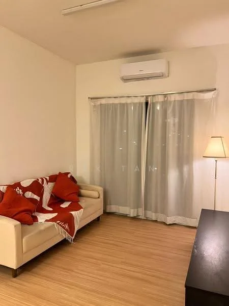 Living features: cream painted walls, laminate flooring, 5-blade ceiling fan, floor-to-ceiling windows, sheer curtains, sofa with red and white throw pillows, lamp with fabric shade, TV console, air conditioning unit; style: modern.