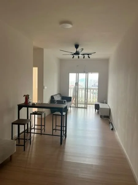 Living features: light wood flooring, white painted walls, 5-blade ceiling fan with light, track lighting, sliding glass door, balcony with railing, sofa, bar table with stools, coffee table, natural light from balcony; style: modern; view: city.