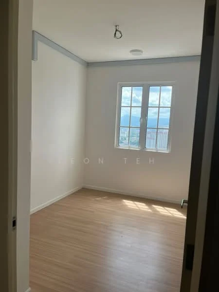 Room features: white painted walls, laminate flooring, single window, ceiling light fixture, mountain view, natural light; style: modern; view: mountain.