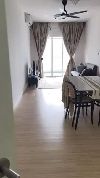 Living features: sofa, dining table, 4 dining chairs, TV console, wall-mounted TV, floor-to-ceiling windows, curtains, ceiling fan, laminate flooring, area rug; style: modern; view: city.