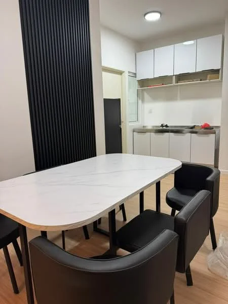 Dining features: marble dining table, 4 black upholstered dining chairs, white cabinetry, black refrigerator, kitchen countertop, open shelving above countertop, light wood flooring, recessed ceiling light, black accent wall; style: modern.