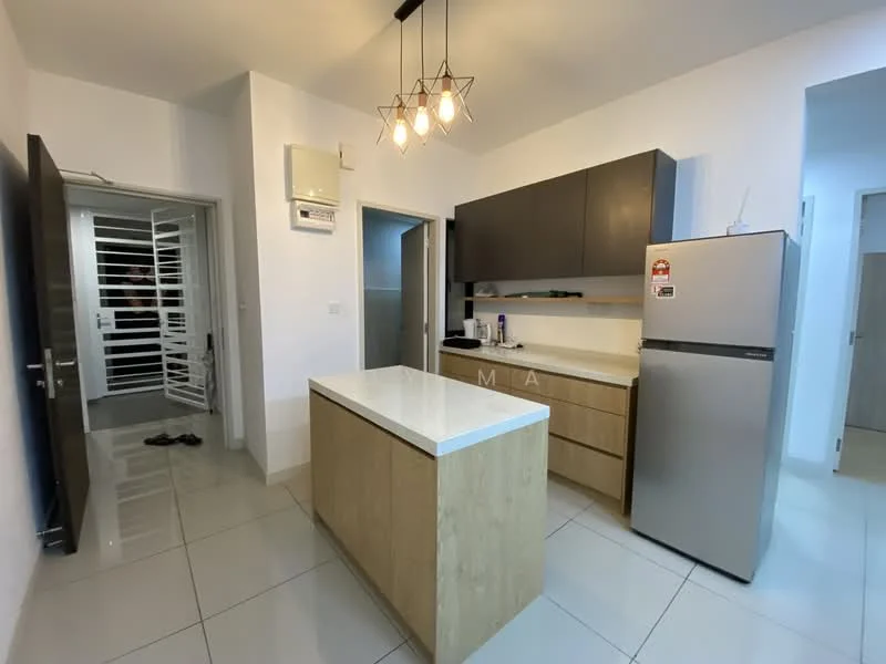 Kitchen features: island countertop with white surface, wood cabinetry, stainless-steel fridge, built-in oven, single-bowl stainless-steel sink, chrome pull-down faucet, recessed downlights, wall-mounted split AC, grey upper cabinets, cream lower cabinets, ceramic tile flooring, white painted walls; style: modern. Room features: white painted walls, ceramic tile flooring, doorway to hallway.