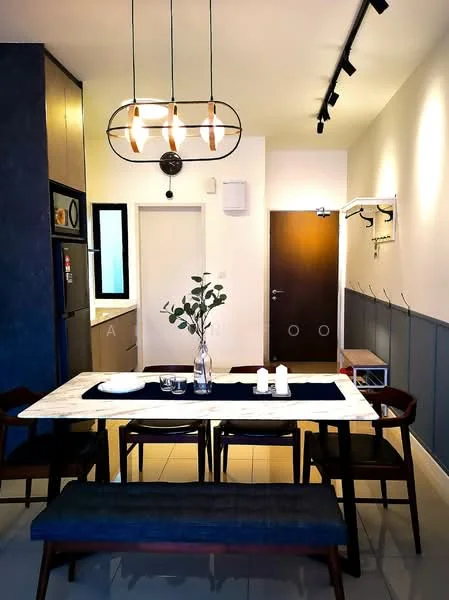 Dining features: marble dining table, wooden dining chairs, bench seating, pendant light fixture, track lighting, blue accent wall, white painted walls, floor tiles, decorative vase with greenery, table runner, wall-mounted coat rack, door to hallway; style: modern.