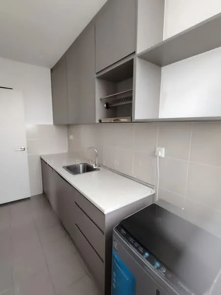 Kitchen features: grey cabinetry, white quartz countertop, single-bowl stainless-steel sink, chrome pull-down faucet, built-in shelving, white tiled backsplash, grey tile flooring, freestanding washing machine; style: modern.