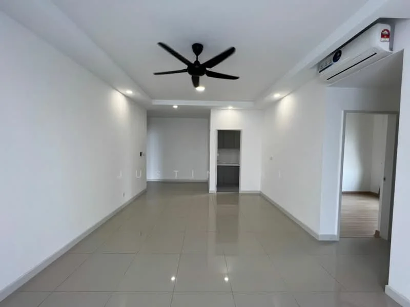 Living features: white painted walls, grey tile flooring, 5-blade ceiling fan with light, recessed downlights, wall-mounted split AC, open layout, doorway leading to another room, doorway leading to hallway; style: modern.