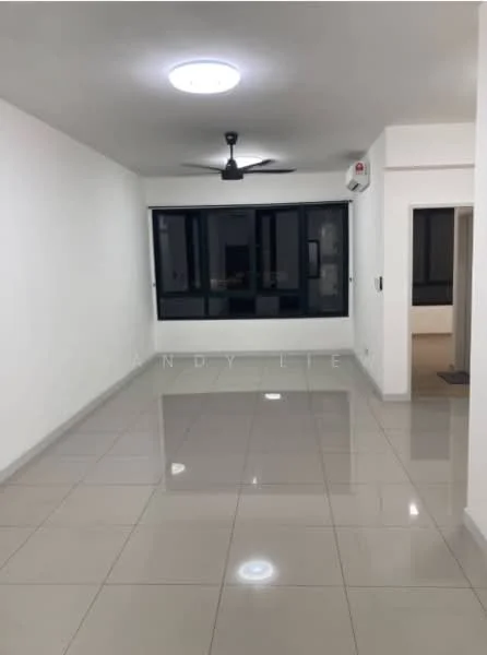Living features: white painted walls, glossy ceramic tile flooring, 5-blade ceiling fan with light, recessed ceiling light, floor-to-ceiling windows, sliding glass door, wall-mounted split AC; style: modern.