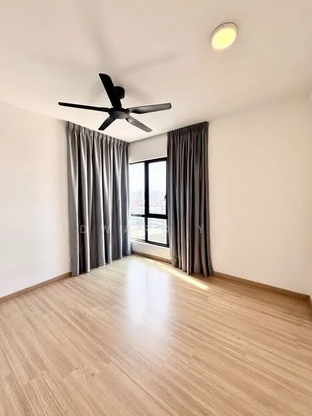 Bedroom features: wooden flooring, white painted walls, 5-blade ceiling fan in black, floor-to-ceiling window, grey curtains, natural light, city view; style: modern; view: city.