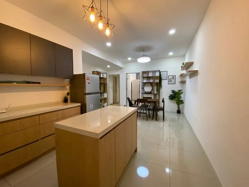 Kitchen features: light wood cabinetry, black upper cabinets, white quartz countertop, kitchen island with seating, stainless-steel fridge, recessed LED downlights, pendant lighting, ceramic tile flooring, open shelving, dining table with chairs, houseplants in ceramic pots; style: modern.