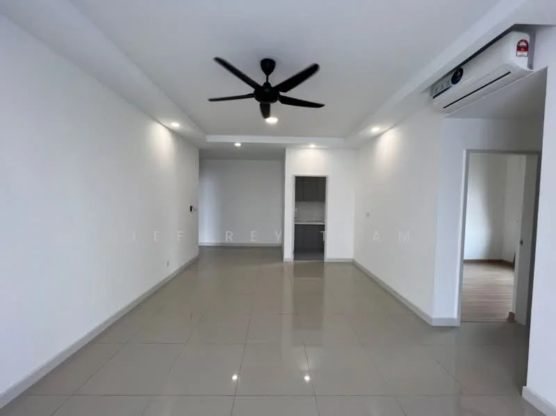 Living features: white painted walls, glossy ceramic tile flooring, 5-blade ceiling fan with light, recessed downlights, wall-mounted split AC, open layout, doorway leading to another room, doorway leading to hallway; style: modern.