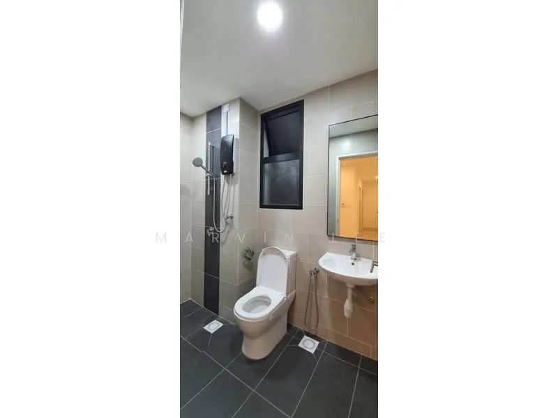 Bathroom features: white ceramic toilet, single-sink vanity with wall-mounted faucet, framed mirror, walk-in shower with glass partition, chrome shower head, black tile flooring, grey wall tiles, window for natural light, built-in soap dispenser; style: modern.