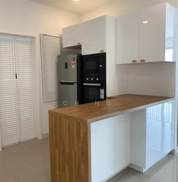 Kitchen features: white cabinetry with gold handles, wooden countertop, stainless-steel fridge, built-in oven, built-in microwave, ceramic tile flooring, window with blinds, open layout, light-colored walls, recessed lighting; style: modern.