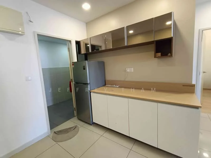Kitchen features: white cabinetry with flat-panel doors, wood countertop, stainless-steel fridge, open shelving above countertop, grey tiled flooring, white painted walls, recessed downlights, single-bowl stainless-steel sink, chrome pull-down faucet; style: modern.
