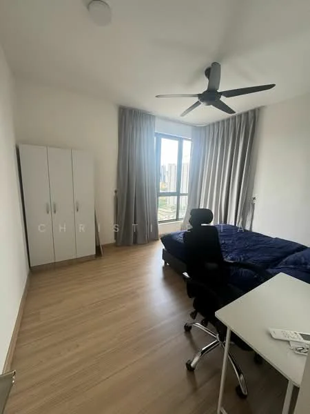 Bedroom features: queen-size bed with blue bedding, white wardrobe with two doors, study desk with chair, floor-to-ceiling window, curtains, wooden flooring, ceiling fan, wall-mounted light fixture; style: modern; view: city.