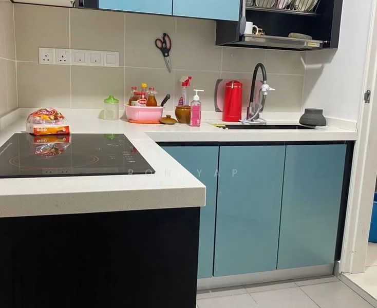 Kitchen features: blue cabinetry, white countertop, built-in induction cooktop, kitchen sink with faucet, wall-mounted shelves, various kitchen condiments and utensils, tile backsplash, grey tiled flooring; style: modern.