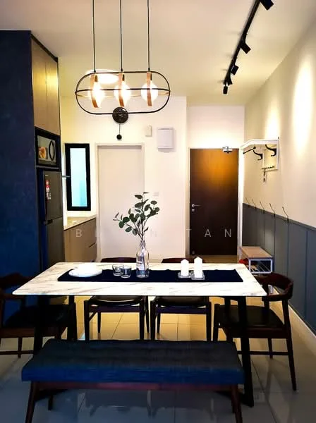 Dining features: marble dining table, wooden dining chairs, bench seating, pendant light fixture, wall-mounted coat rack, grey accent wall, white painted walls, floor tiles, kitchen cabinetry visible, doorway to hallway; style: modern.