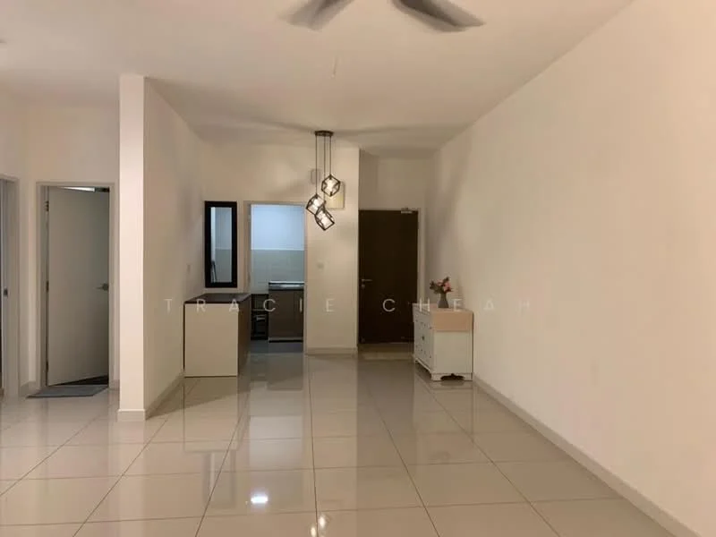 Room features: white painted walls, glossy ceramic tile flooring, ceiling fan, recessed downlights, open layout, door leading to kitchen, door leading to hallway, window with natural light; style: modern.