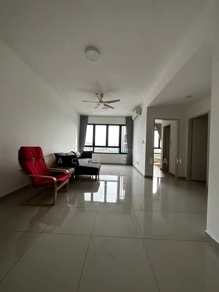 Living features: white painted walls, glossy ceramic tile flooring, 5-blade ceiling fan, large windows with city view, grey curtains, red armchair, black sofa, air conditioning unit, recessed ceiling lights; style: modern; view: city.