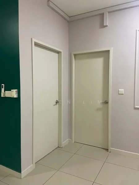 Room features: light grey painted walls, green accent wall, white doors, ceramic tile flooring, flush light fixtures, single light switch, door handles, corner trim; style: modern.