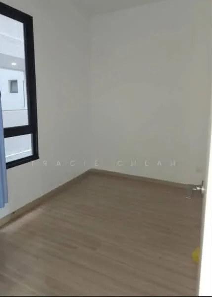 Room features: light wood flooring, white painted walls, large window with black frame, curtains, minimalist design, no visible furniture, neutral color palette; style: minimalist.