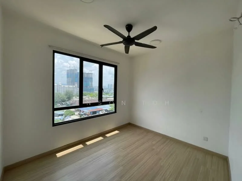 Room features: large floor-to-ceiling windows, black ceiling fan, white painted walls, light wood laminate flooring, recessed ceiling lights, city skyline view; style: modern; view: city.