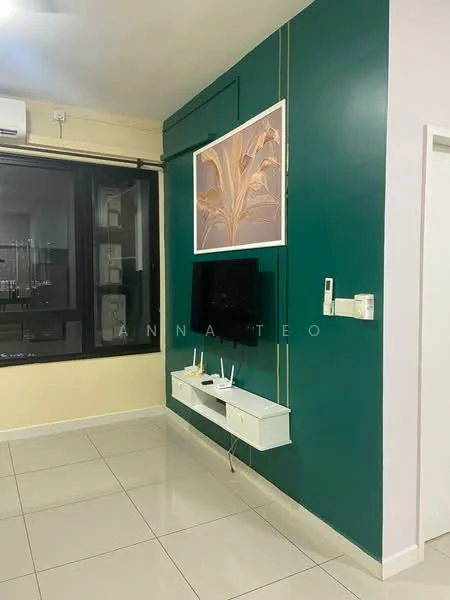 Living features: green accent wall, white painted walls, glossy tile flooring, wall-mounted TV, floating TV console, decorative artwork, floor-to-ceiling windows, air conditioning unit; style: modern.
