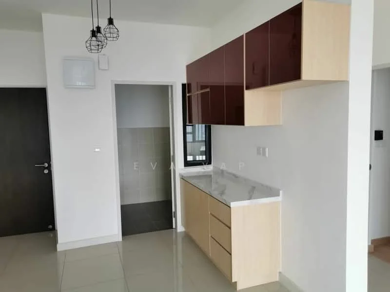 Kitchen features: white marble countertop, wood cabinetry in light beige, high-gloss burgundy upper cabinets, ceramic tile flooring, recessed downlights, single-bowl stainless-steel sink, chrome pull-down faucet, wall-mounted air conditioning unit, open layout, window with view to outside; style: modern. Room features: grey tiled wall, door leading to another room.