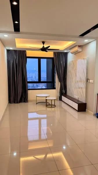 Living features: white painted walls, cream ceiling with recessed lighting, 5-blade ceiling fan with light, large floor-to-ceiling windows, grey curtains, marble feature wall, glossy tile flooring, white low-profile TV console, round coffee table; style: modern; view: city.