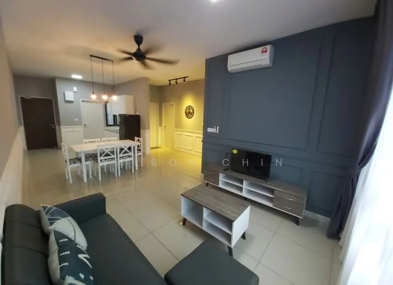 Living features: grey painted walls, white ceiling, 5-blade ceiling fan with light, wall-mounted air conditioning unit, 3-seater fabric sofa in dark green, decorative cushions, coffee table with storage, TV console, wall-mounted TV, tile flooring, curtains, area rug; style: modern. Dining features: 6-seater dining table in white, white wooden dining chairs, pendant lighting above dining table, tile flooring; style: modern.
