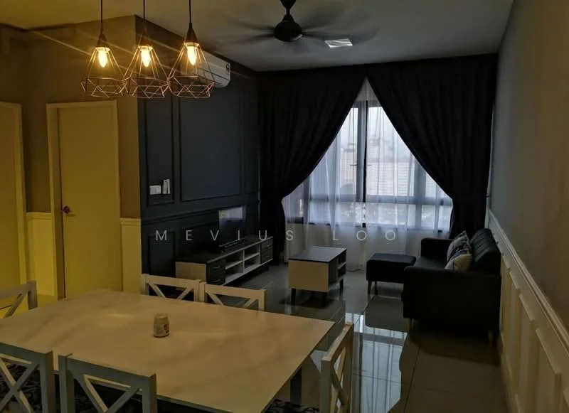 Dining features: 6-seater dining table, white wooden dining chairs, pendant lighting with geometric design, grey accent wall, cream painted walls, floor-to-ceiling windows, sheer curtains, dark grey sofa, coffee table, TV console, wall-mounted TV, recessed downlights, air conditioning unit; style: modern; view: city.
