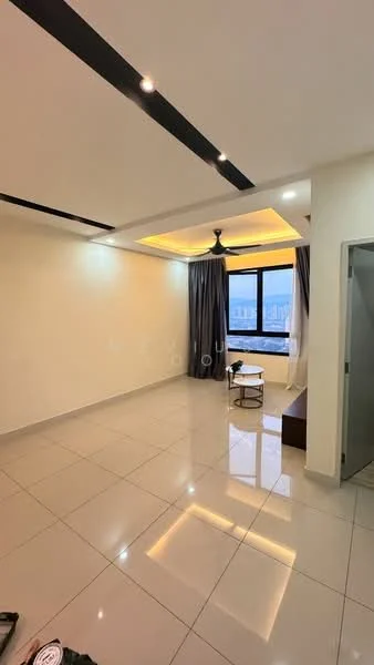Living features: white painted walls, glossy ceramic tile flooring, tray ceiling with recessed lighting, 5-blade ceiling fan with light, floor-to-ceiling window, curtains, coffee table, side table, sofa, decorative wall panel, natural light from window; style: modern; view: city.