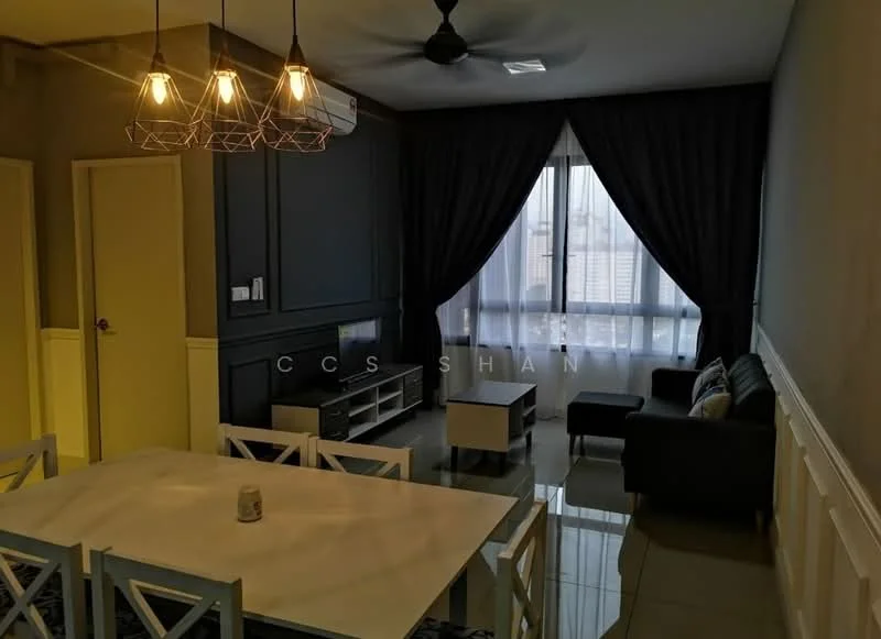 Dining features: 6-seater dining table, white wooden chairs, pendant lighting with geometric design, grey accent wall, cream painted walls, floor-to-ceiling windows, sheer curtains, sliding glass door, wall-mounted TV, sofa in dark grey, coffee table, recessed downlights, air conditioning unit; style: modern; view: city.