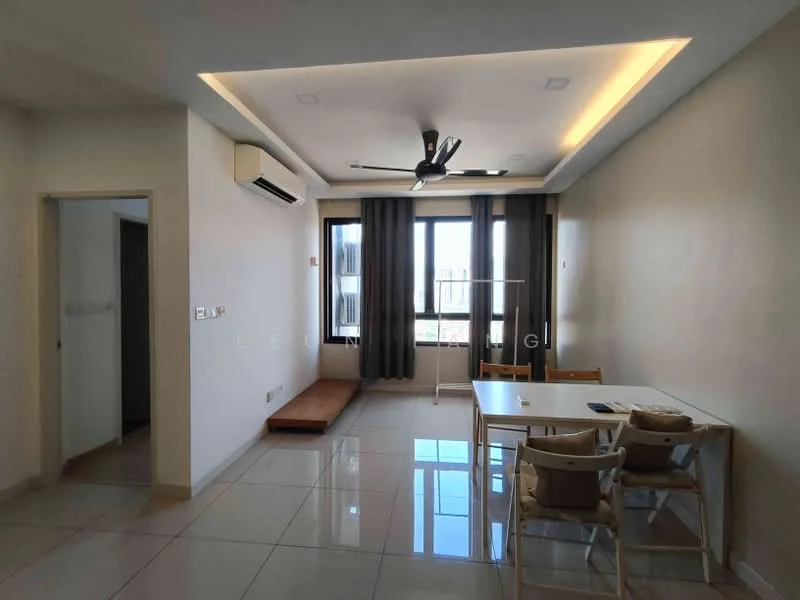 Living features: white painted walls, glossy tile flooring, 5-blade ceiling fan with light, recessed LED downlights, large windows with city view, dining table with four chairs, wooden bench, air conditioning unit; style: modern; view: city.