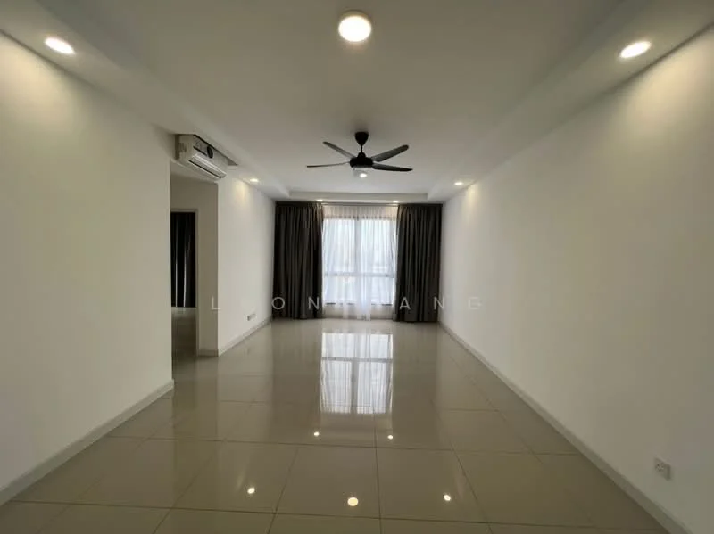 Living features: white painted walls, glossy ceramic tile flooring, recessed downlights, 5-blade ceiling fan, floor-to-ceiling windows, sheer curtains, dark grey curtains, air conditioning unit; style: modern.
