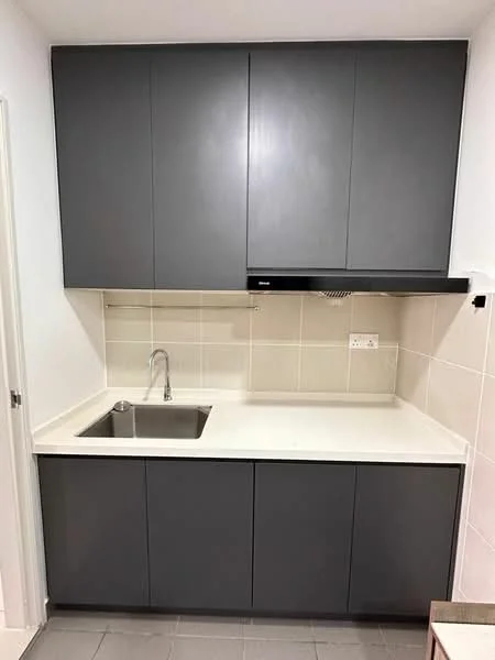 Kitchen features: grey flat-panel cabinets, white quartz countertop, single-bowl stainless-steel sink, chrome pull-down faucet, white tiled backsplash, grey ceramic tile flooring, built-in range hood, under-cabinet lighting; style: modern.