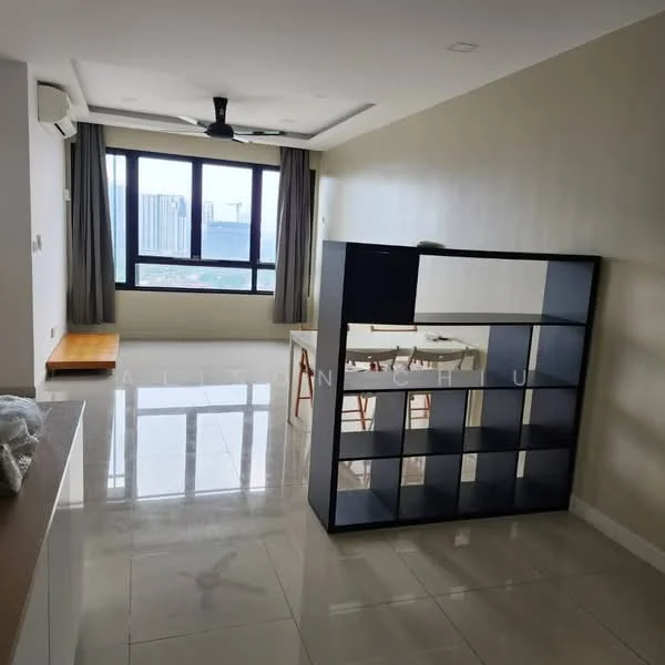 Living features: white painted walls, glossy tile flooring, 5-blade ceiling fan with light, floor-to-ceiling windows, curtains, open shelving unit, dining table, wooden bench, city view; style: modern; view: city.