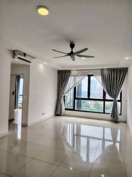 Living features: white painted walls, polished ceramic tile flooring, 5-blade ceiling fan with light, floor-to-ceiling windows, sheer curtains, grey curtains, air conditioning unit, recessed downlights; style: modern; view: city.