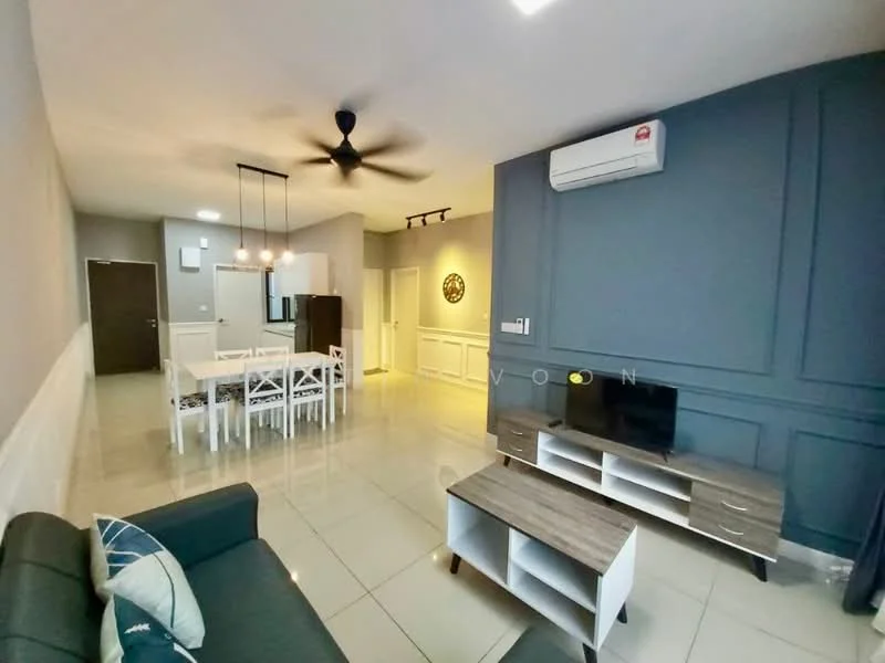 Living features: grey accent wall, white painted walls, polished tile flooring, 5-blade ceiling fan with light, sofa in dark grey, coffee table with wooden legs, TV console in wood finish, wall-mounted TV, decorative wall paneling, air conditioning unit, dining area with white dining table, dining chairs in white; style: modern.