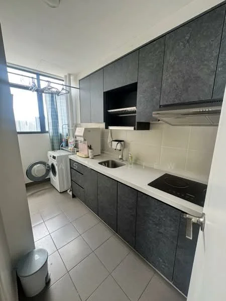 Kitchen features: black cabinetry, white countertop, single-bowl stainless-steel sink, chrome pull-down faucet, built-in electric stove, built-in oven, refrigerator, washing machine, tile backsplash, grey tile flooring, window with sheer curtains, open shelving, under-cabinet lighting; style: modern.