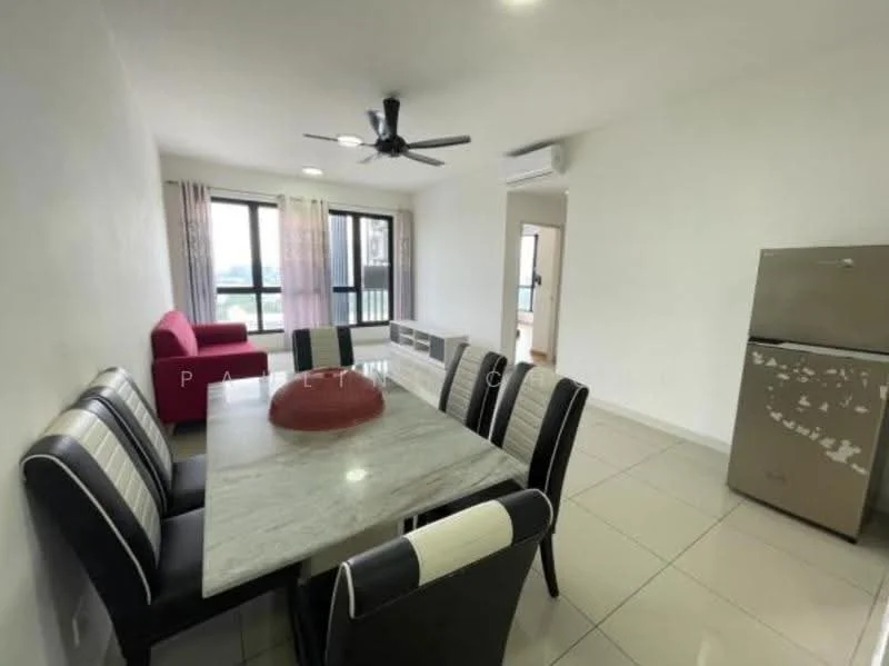Dining features: 6-seater dining table with marble top, upholstered dining chairs with striped pattern, ceiling fan, white painted walls, tile flooring, large window with city view, refrigerator, sofa in red fabric, curtains in light fabric; style: modern; view: city.