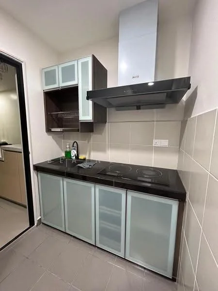Kitchen features: black countertop, glass-front upper cabinets, lower cabinets with frosted glass doors, built-in induction cooktop, stainless-steel range hood, wall-mounted kitchen cabinet, tile backsplash, grey tile flooring; style: modern.