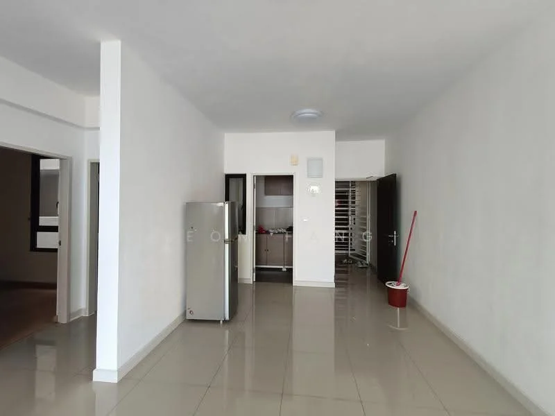 Room features: white painted walls, glossy tile flooring, recessed ceiling lights, single-door fridge, open kitchen area, doorway leading to kitchen, clean and minimalistic design, no visible furniture; style: modern.