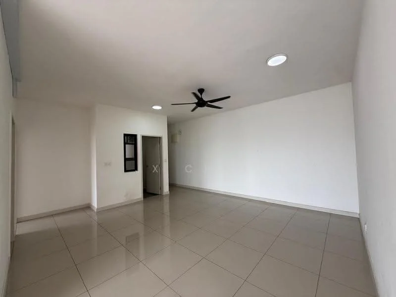 Living features: white painted walls, polished ceramic tile flooring, 5-blade ceiling fan, recessed downlights, doorway leading to another room, large open space, no visible furniture, neutral color scheme; style: modern.