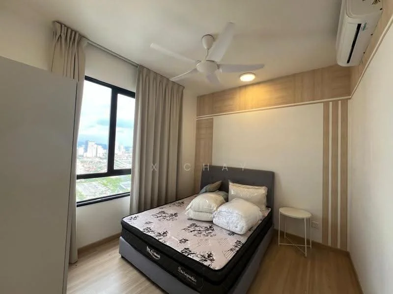 Bedroom features: queen-size bed, upholstered headboard, bedside table, floor-to-ceiling window, curtains, 5-blade ceiling fan with light, wooden flooring, air conditioning unit; style: modern; view: city.