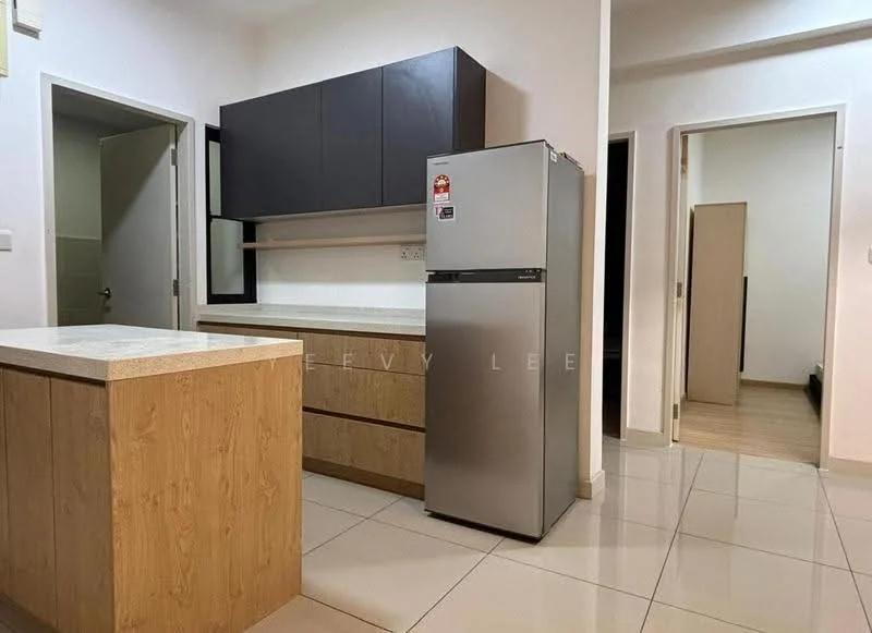 Kitchen features: stainless-steel fridge, wood cabinetry with light finish, dark upper cabinets, countertop with light-colored surface, ceramic tile flooring, open shelving above countertop, single-bowl stainless-steel sink, wall-mounted light fixture; style: modern.