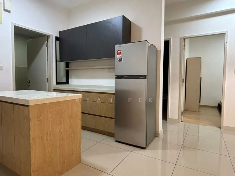 Kitchen features: stainless-steel fridge, kitchen island with countertop, wood cabinetry, upper cabinets in dark color, white tiled flooring, wall-mounted shelf, sink, open layout; style: modern.