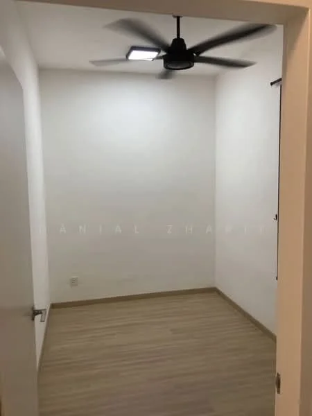 Room features: white painted walls, wooden flooring, 5-blade ceiling fan, LED ceiling light, single door, window with blinds.