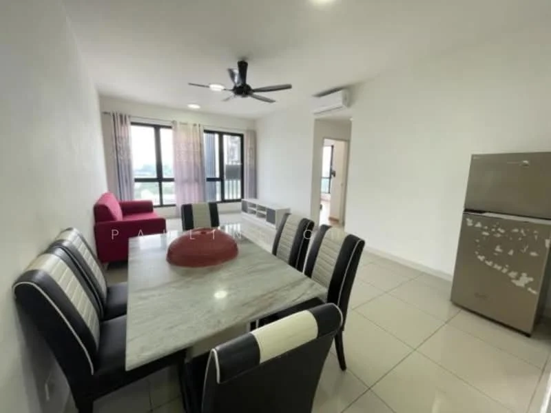 Dining features: 6-seater dining table with marble top, upholstered dining chairs with striped pattern, ceiling fan with integrated light, white painted walls, tile flooring, large windows with city view, refrigerator with stainless-steel finish, sofa in red fabric, air conditioning unit on wall; style: modern; view: city.
