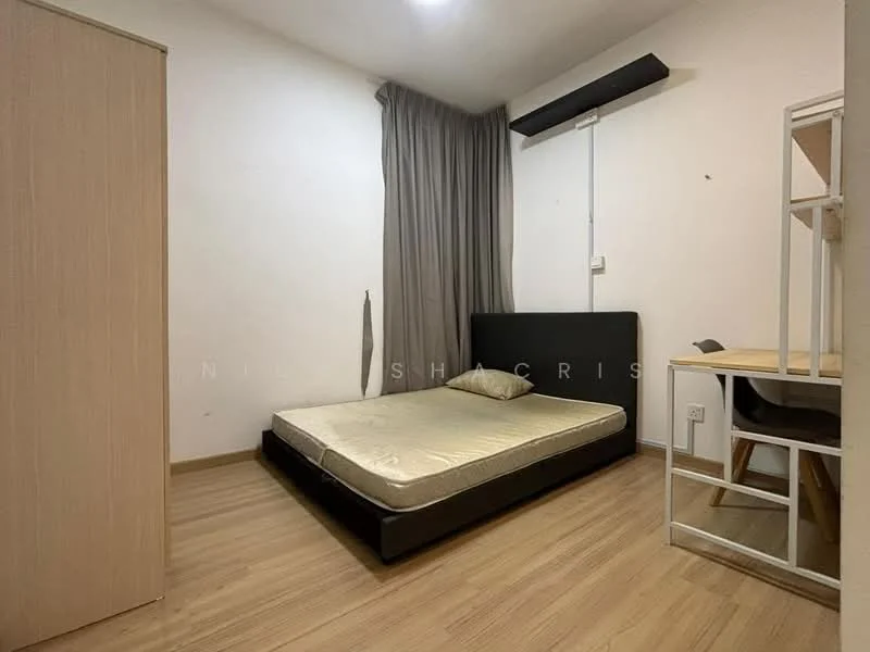Bedroom features: queen-size bed, wooden bed frame, light wood wardrobe, grey curtains, laminate flooring, wall-mounted air conditioning unit, desk with chair, white shelving unit; style: minimalist.
